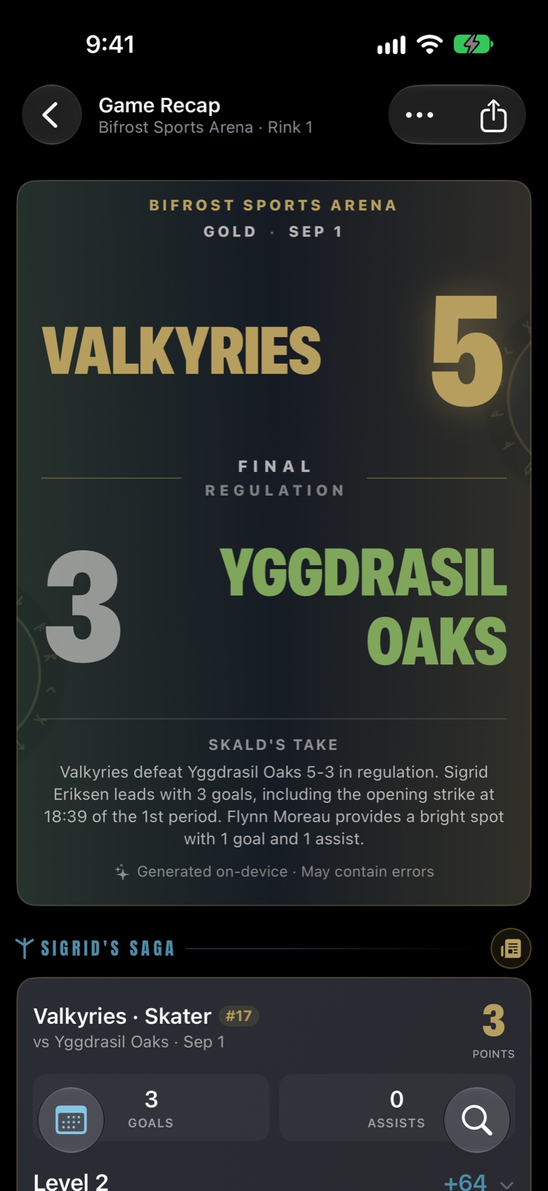 Game Center for a 5-3 Valkyries win, with the game recap and the player's own line.
