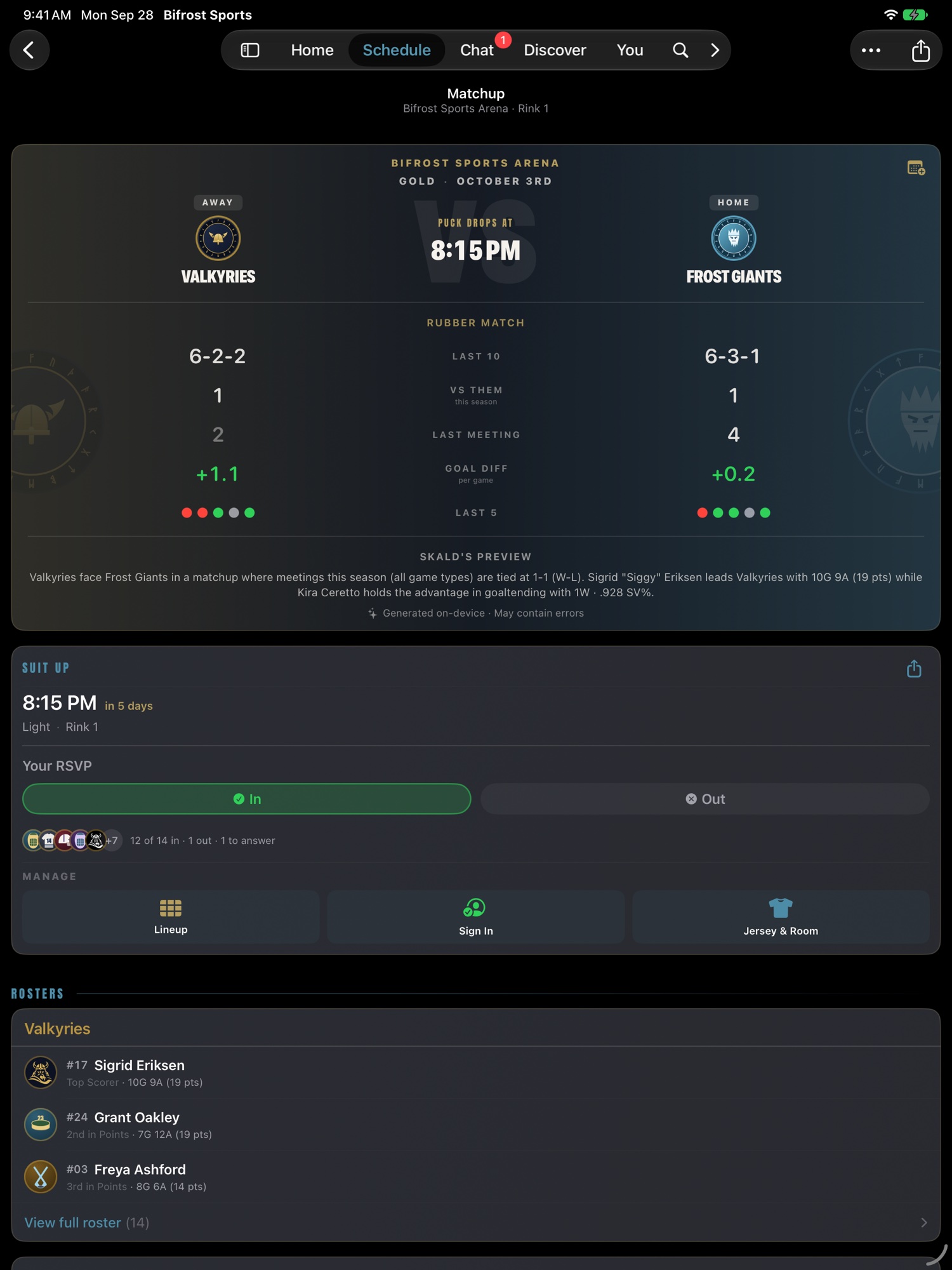 The iPad app showing the matchup page for Valkyries at Frost Giants: last ten, head to head, goal differential, the preview, the RSVP and the rosters.