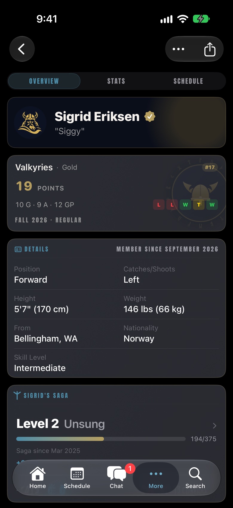 Sigrid Eriksen's profile: 19 points this season, her Saga level and feats.