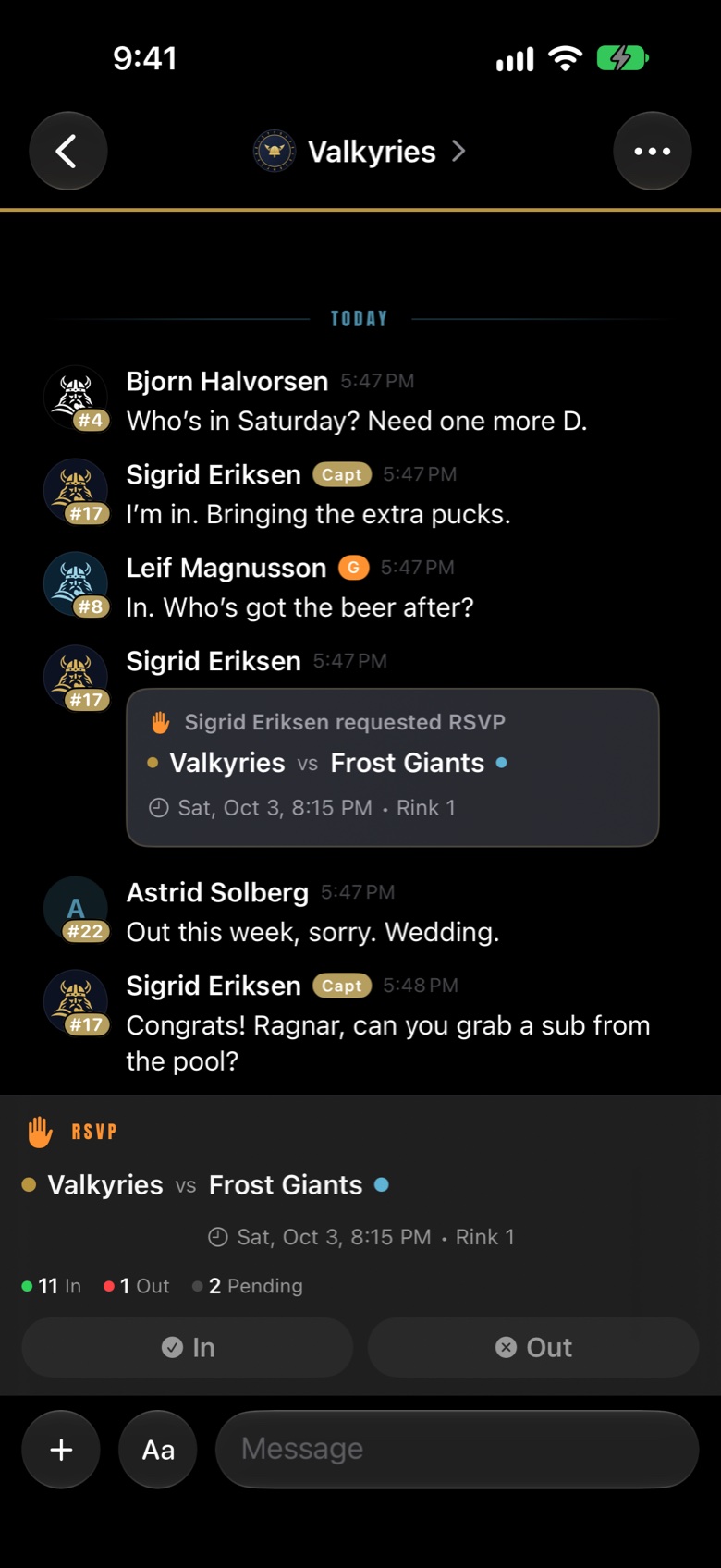 The Valkyries team chat with an RSVP request in the thread and the pinned RSVP card: 11 in, 1 out, 2 pending.