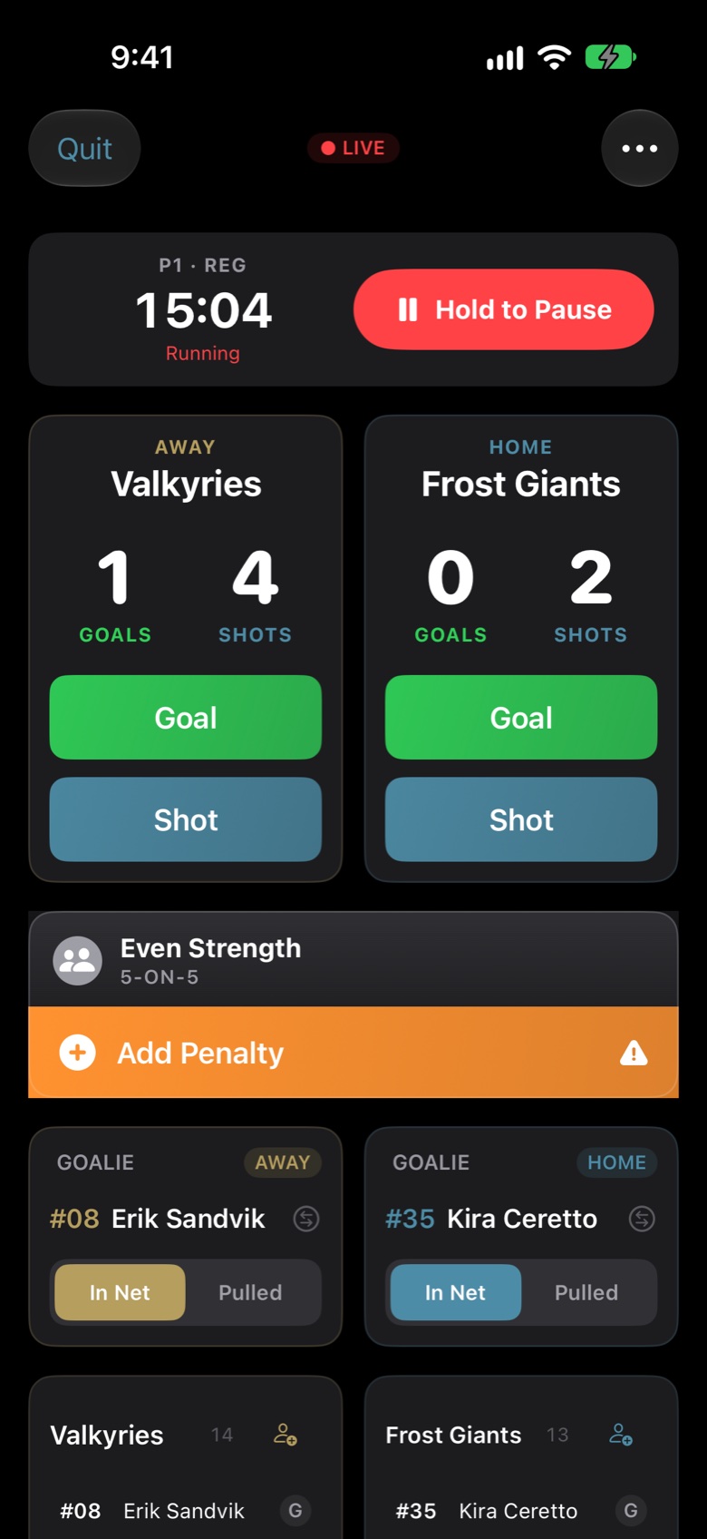 Tower live scoring in the first period, Valkyries 1, Frost Giants 0, with goal and shot buttons for each team.