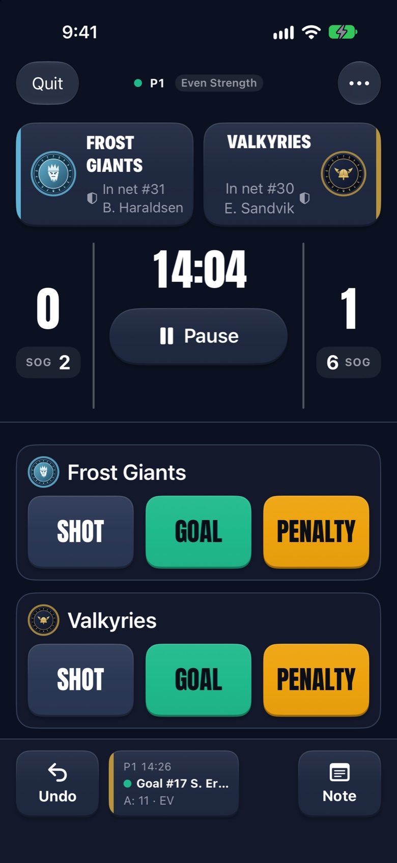 Tower Scoring, Rec Mode in the first period: Valkyries 1, Frost Giants 0, with Shot, Goal and Penalty for each team.