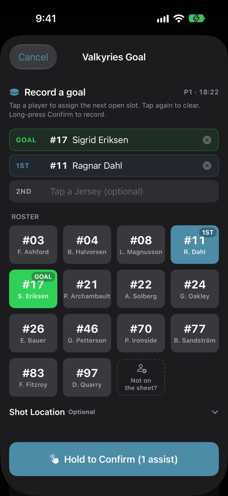 Tower's goal entry: #17 Sigrid Eriksen scoring, #11 Ragnar Dahl on the first assist, picked from the roster grid.