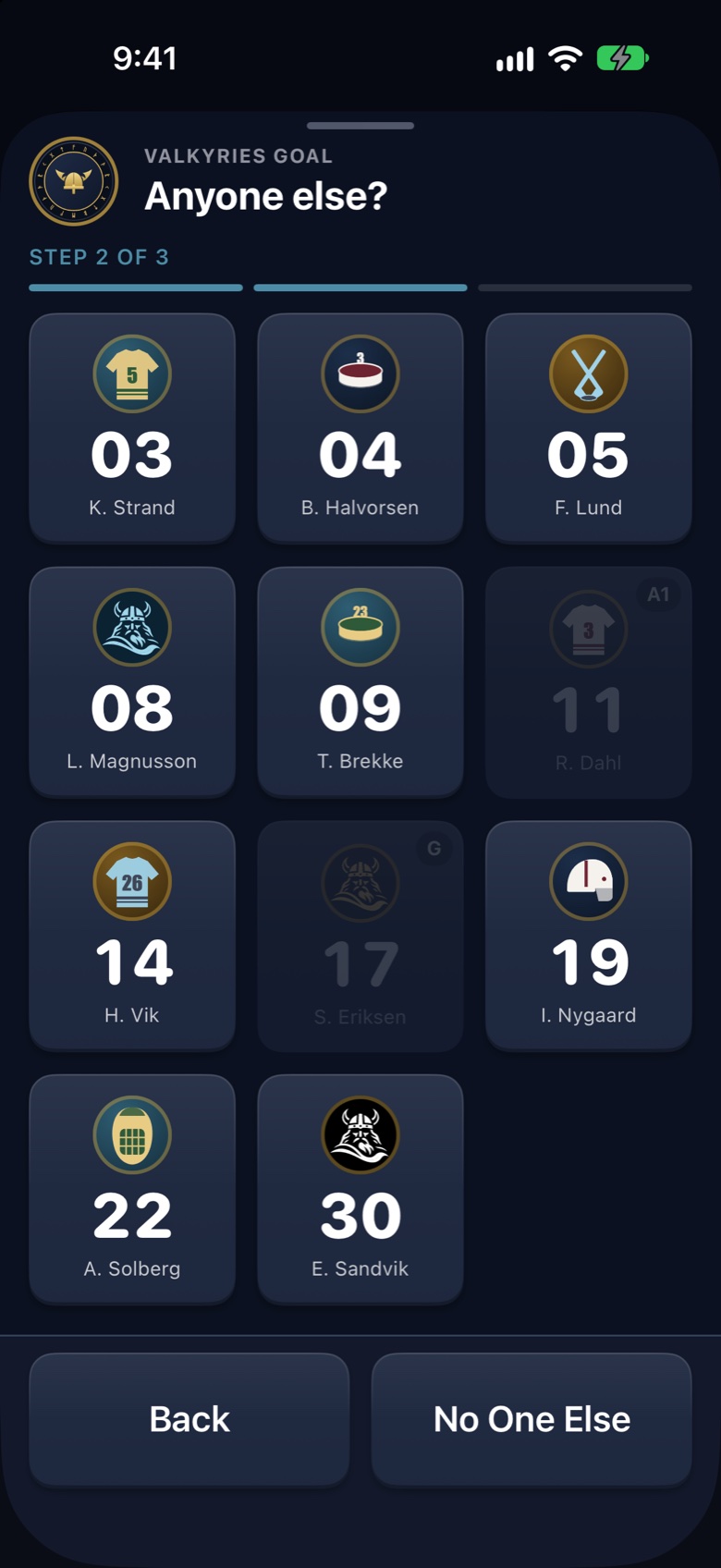 Picking the assists on a Valkyries goal: #17 Sigrid Eriksen marked as the scorer, #11 Ragnar Dahl as the first assist.